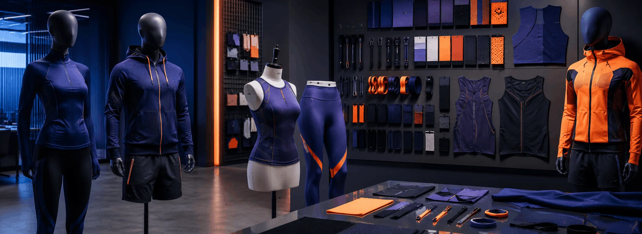 Sportswear product design with activewear samples and fabric details.